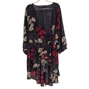 Torrid Hi Low Clip Floral Wrap Blouse Womens Size 2X Dark Slate Gray 3/4 Sleeves